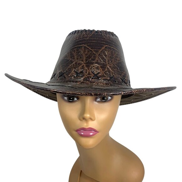 Embossed Leaf Pattern Cutout Design Western Cowboy Hat Dark Brown Vegan Leather - Picture 2 of 7
